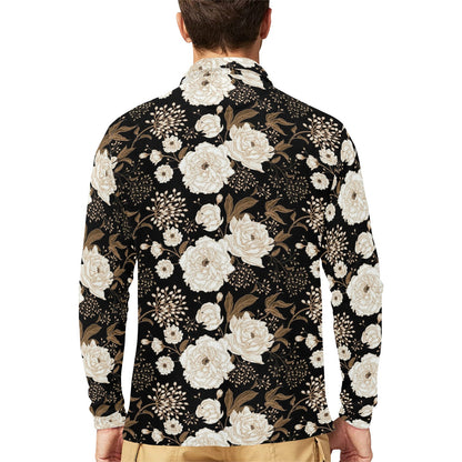 Peony Pattern Print Design A02 Long Sleeve Polo Shirt For Men's