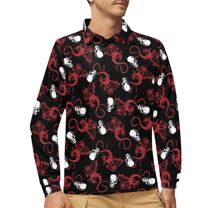 Skull With Red Dragon Print Design LKS304 Long Sleeve Polo Shirt For Men's