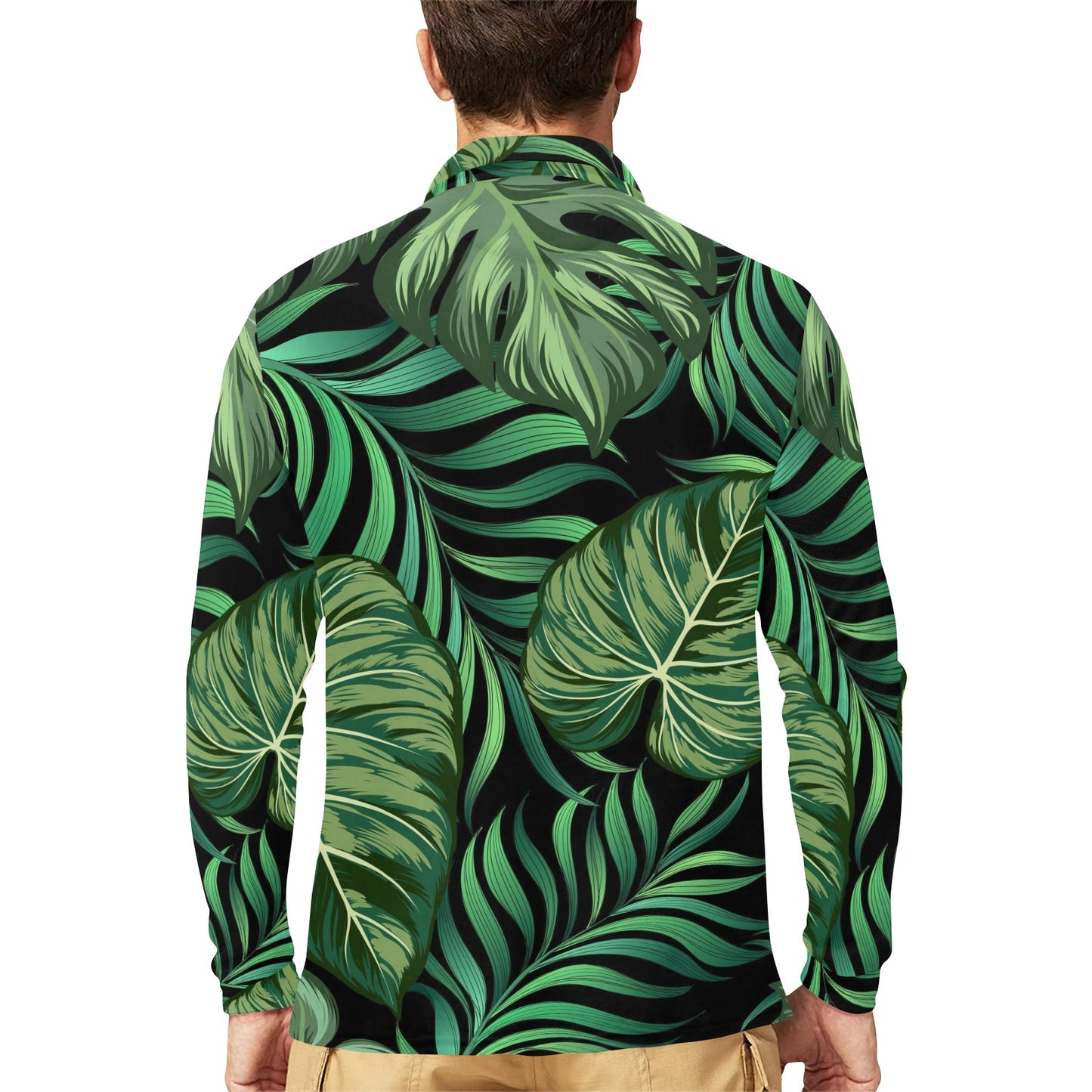 Green Fresh Tropical Palm Leaves Long Sleeve Polo Shirt For Men's