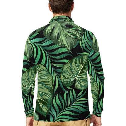 Green Fresh Tropical Palm Leaves Long Sleeve Polo Shirt For Men's