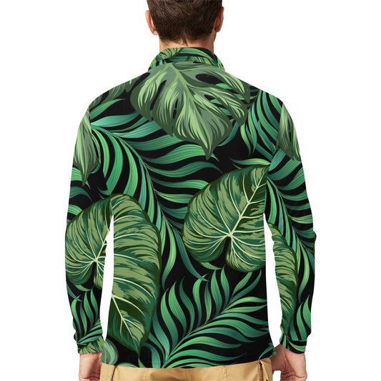 Green Fresh Tropical Palm Leaves Long Sleeve Polo Shirt For Men's