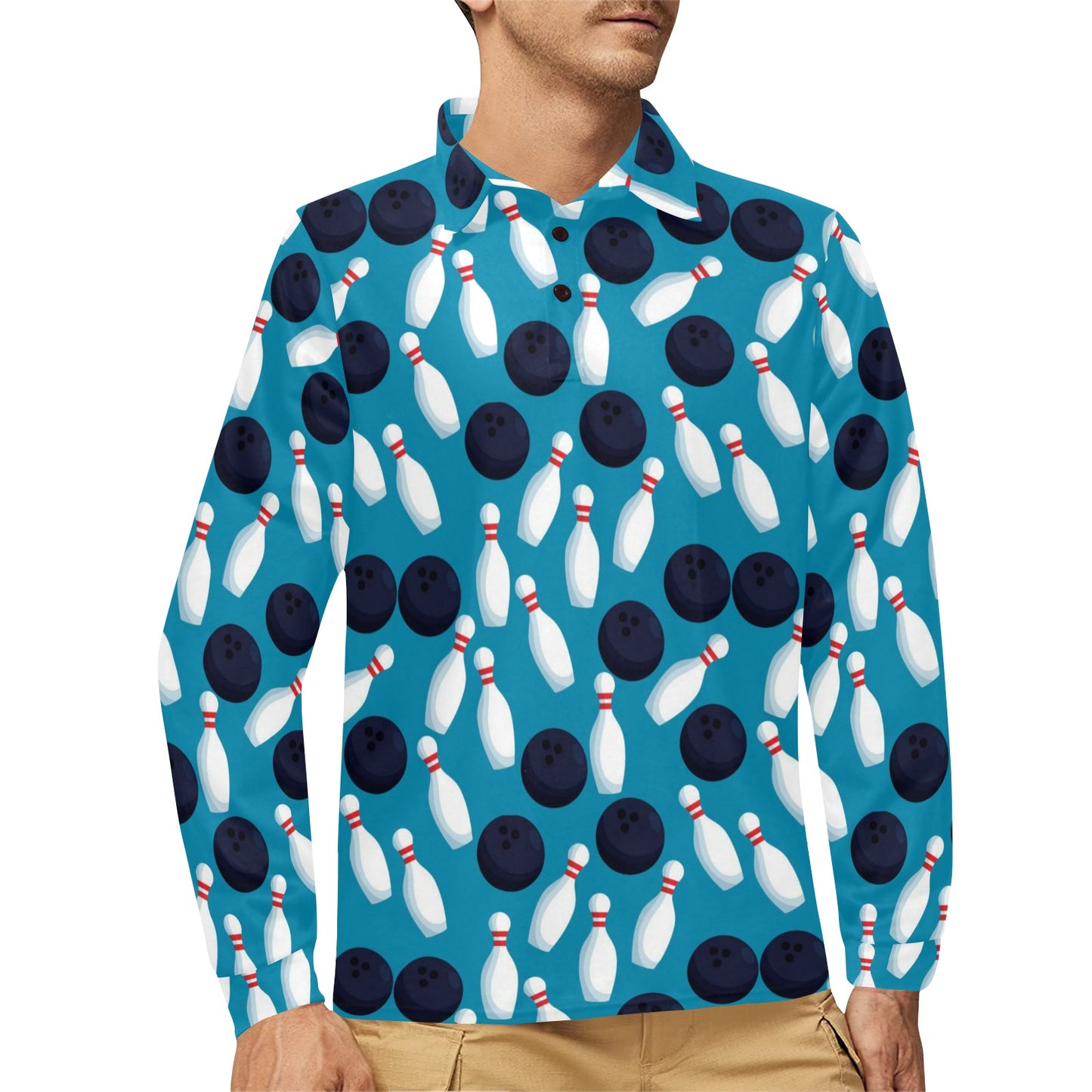 Bowling Pin Pattern Print Design 010 Long Sleeve Polo Shirt For Men's