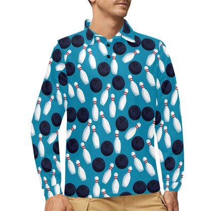 Bowling Pin Pattern Print Design 010 Long Sleeve Polo Shirt For Men's