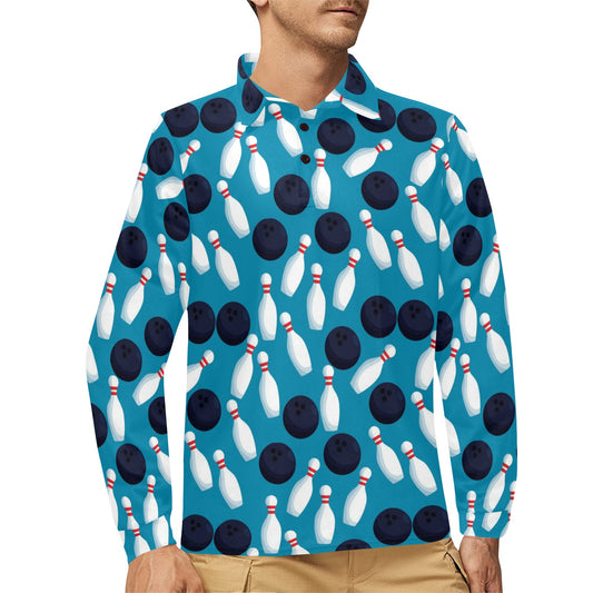 Bowling Pin Pattern Print Design 010 Long Sleeve Polo Shirt For Men's