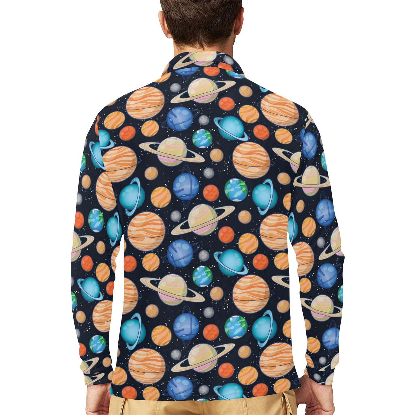 Planet Colorful Print Design LKS301 Long Sleeve Polo Shirt For Men's