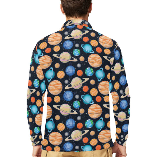 Planet Colorful Print Design LKS301 Long Sleeve Polo Shirt For Men's