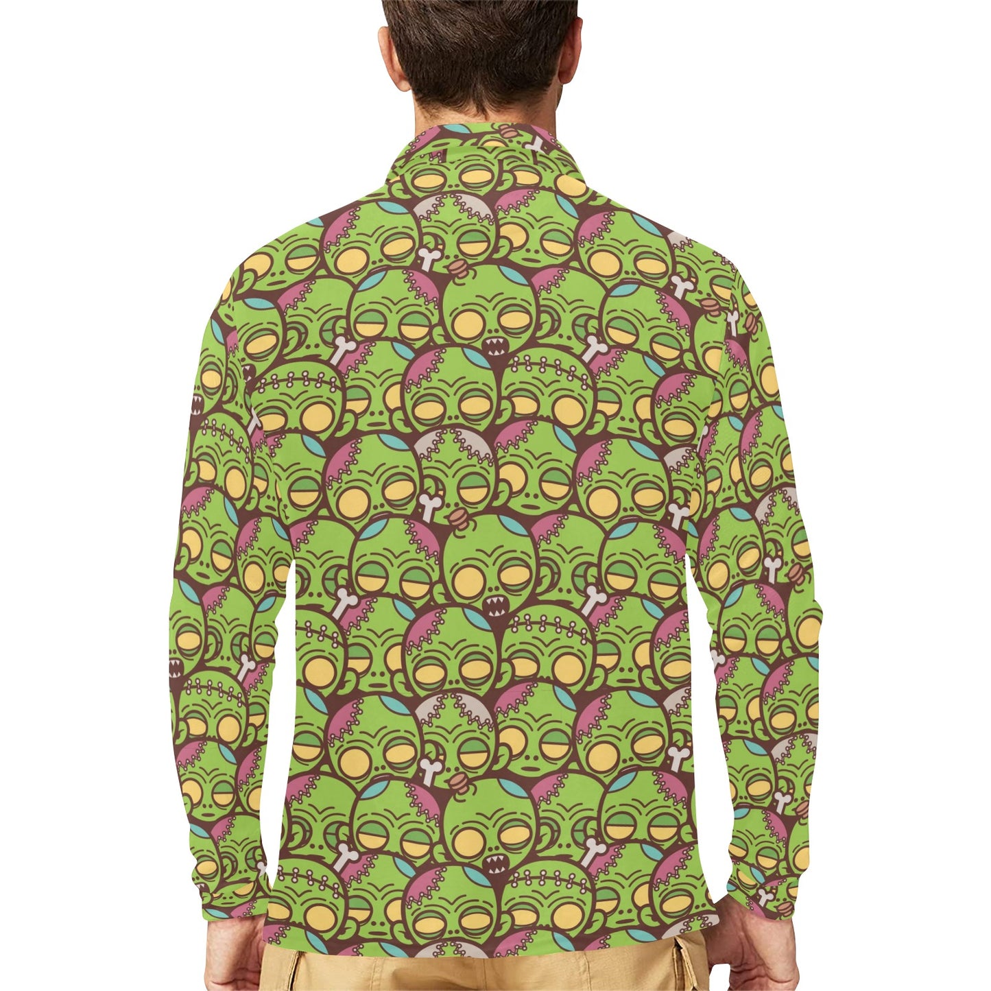 Zombie Head Design Pattern Print Long Sleeve Polo Shirt For Men's