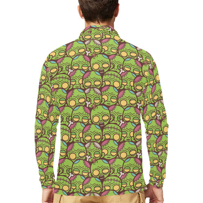 Zombie Head Design Pattern Print Long Sleeve Polo Shirt For Men's