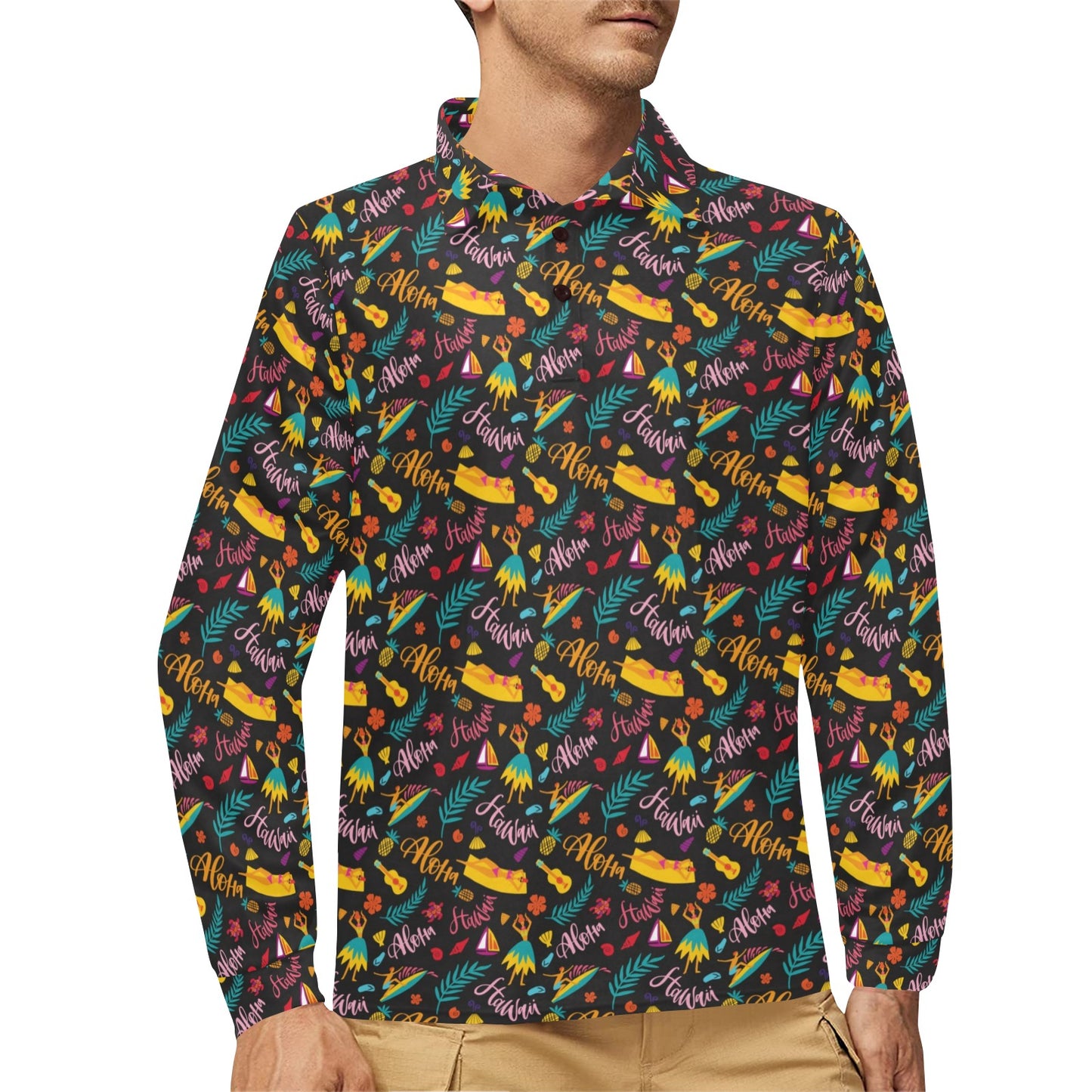 Aloha Hawaii Summer Design Themed Print Long Sleeve Polo Shirt For Men's