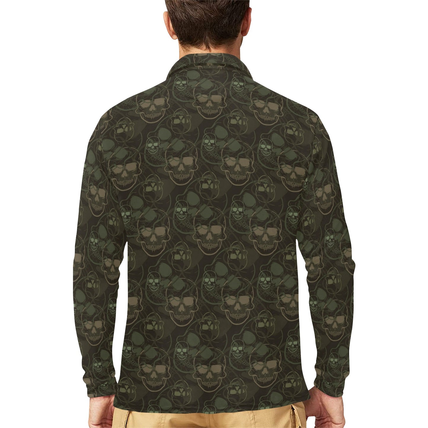 Skull Camo Style Print Design LKS308 Long Sleeve Polo Shirt For Men's