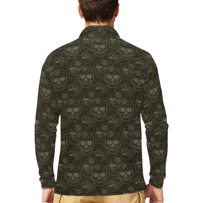 Skull Camo Style Print Design LKS308 Long Sleeve Polo Shirt For Men's