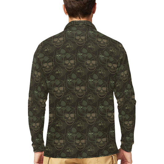Skull Camo Style Print Design LKS308 Long Sleeve Polo Shirt For Men's