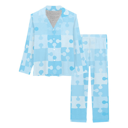 Puzzle Blue Pattern Print Design A04 Women's Long Pajama Set