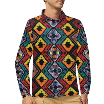 African Pattern Print Design 08 Long Sleeve Polo Shirt For Men's