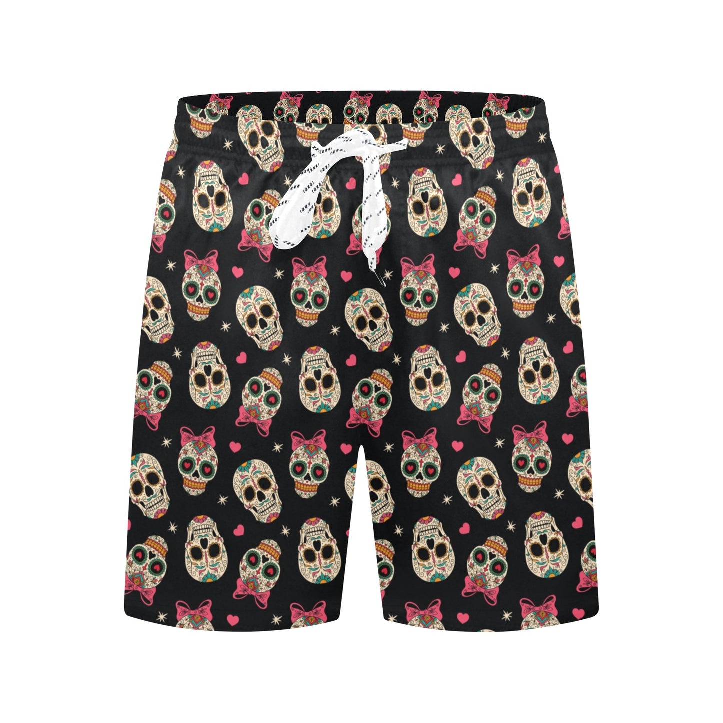 Sugar Skull Pink Bow Themed Print Men's Swim Trunks Beach Shorts