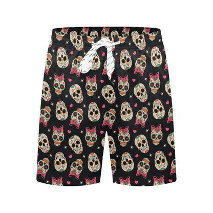 Sugar Skull Pink Bow Themed Print Men's Swim Trunks Beach Shorts