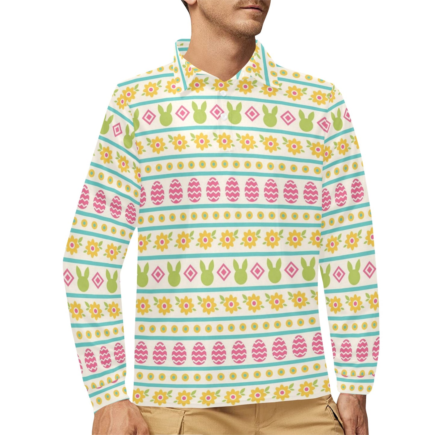 Easter Eggs Pattern Print Design RB016 Long Sleeve Polo Shirt For Men's