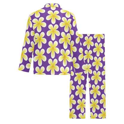 Yellow Plumeria Pattern Print Design PM05 Men's Long Pajama Set