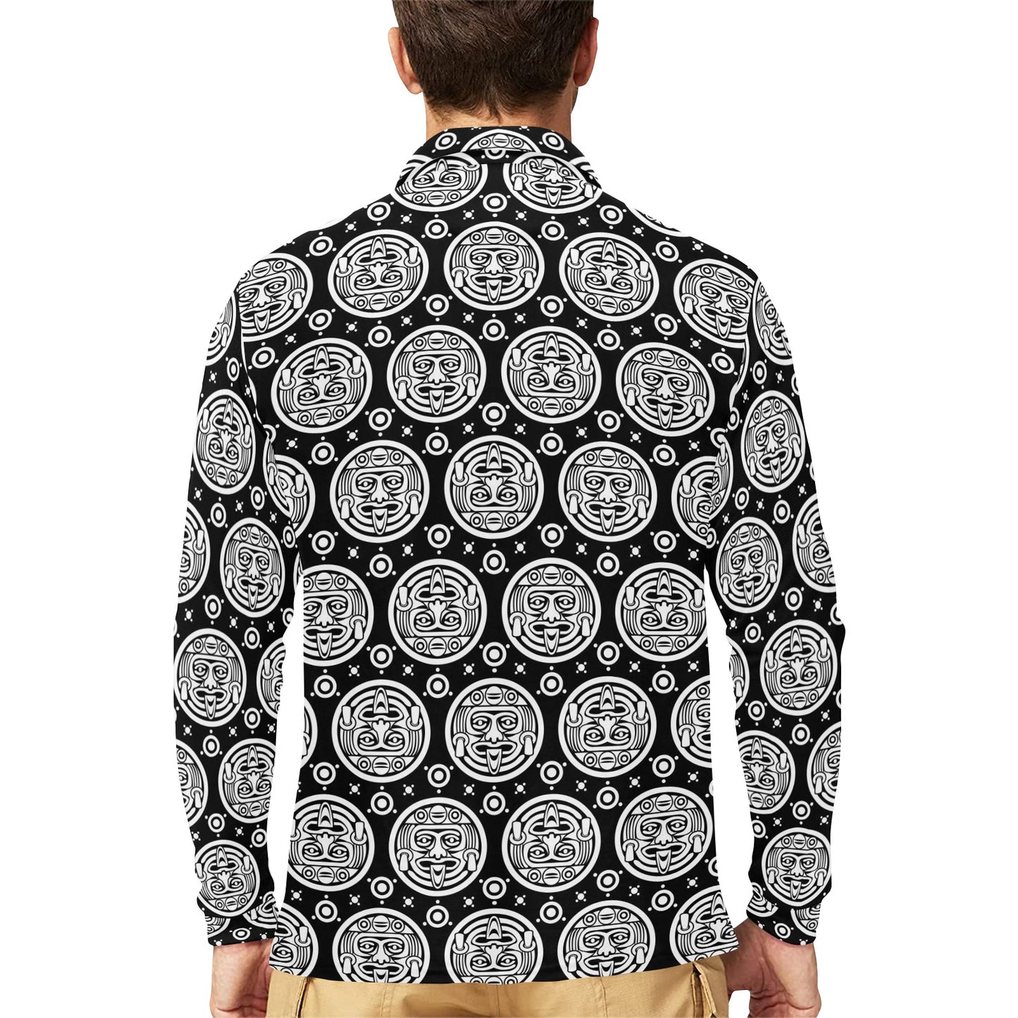 Calendar Aztec White Black Print Pattern Long Sleeve Polo Shirt For Men's