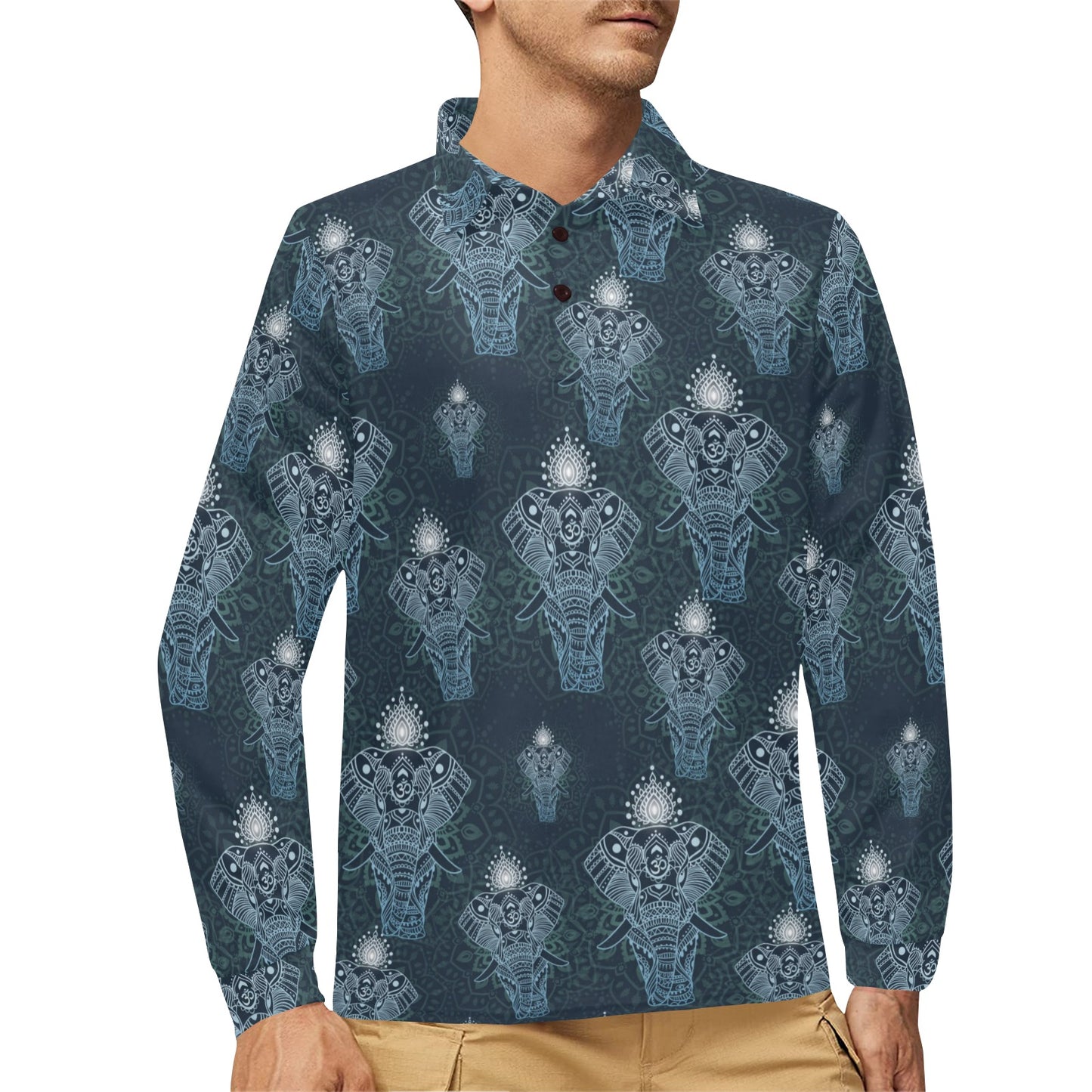 Elephant Mandala Long Sleeve Polo Shirt For Men's