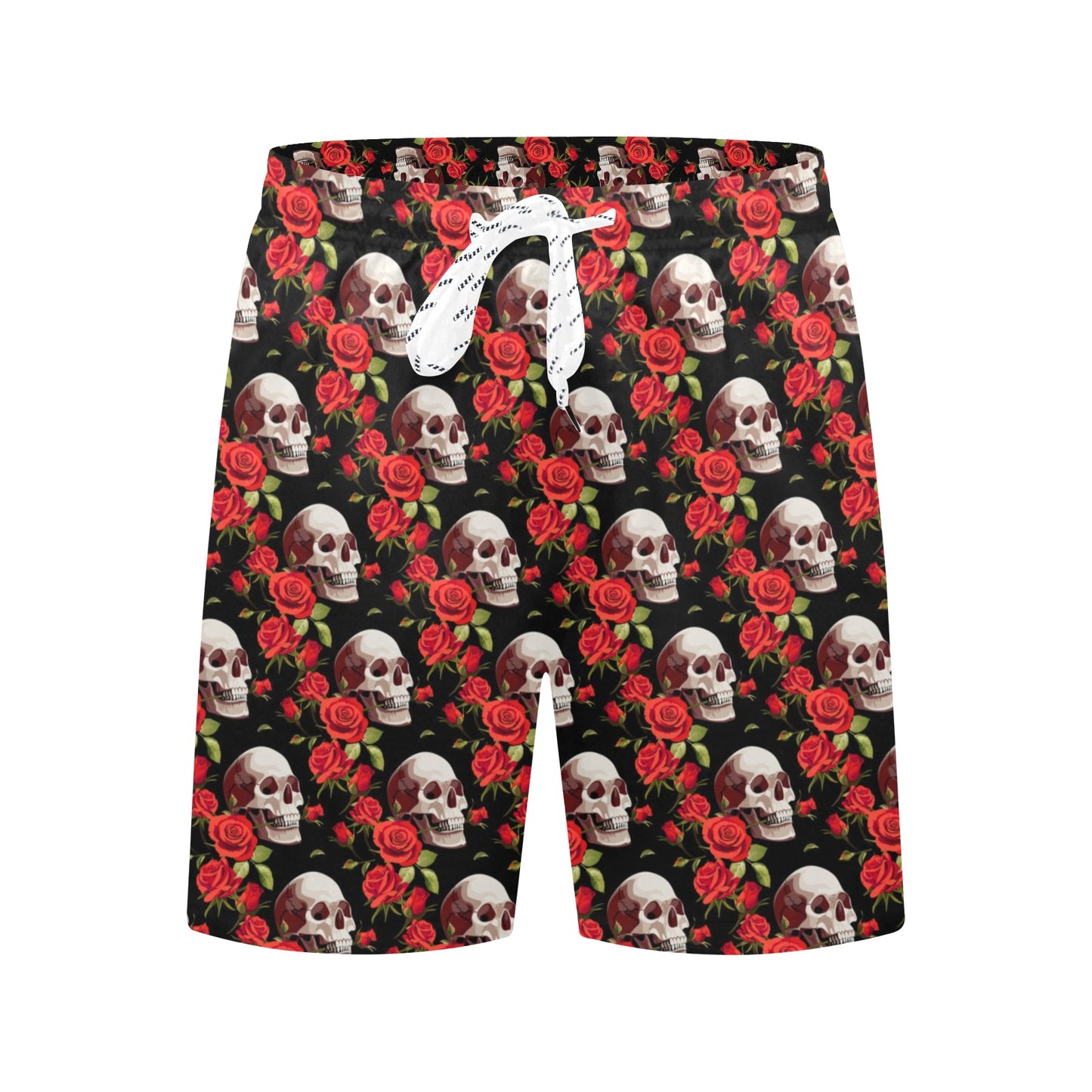 Red Rose Skull Design Print Men's Swim Trunks Beach Shorts