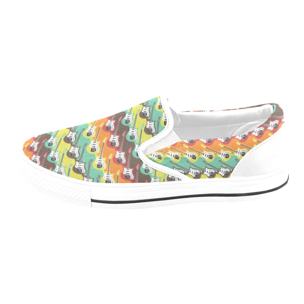 Electric Guitar Print Design LKS401 White Slip Ons Canvas Women's Shoes
