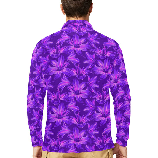 Amaryllis Pattern Print Design AL03 Long Sleeve Polo Shirt For Men's