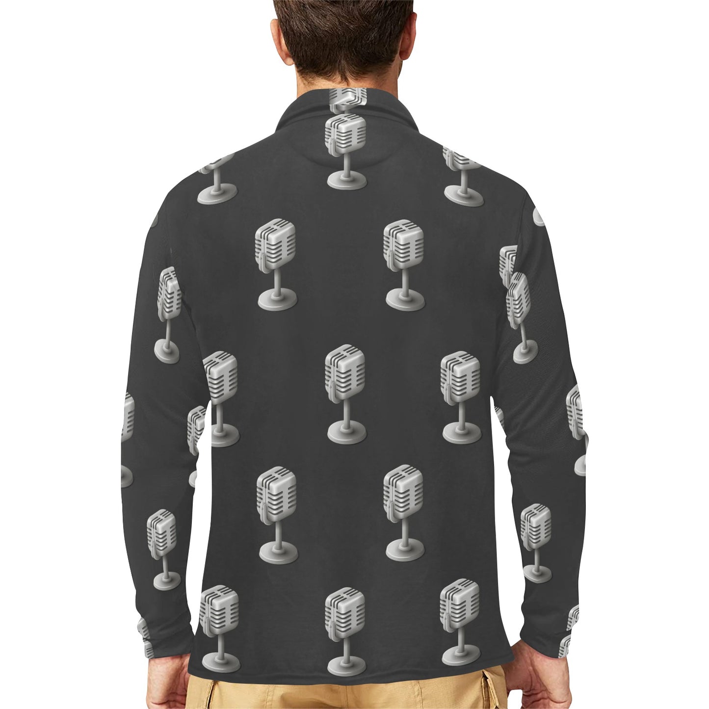 Microphone Vintage Pattern Print Design 01 Long Sleeve Polo Shirt For Men's