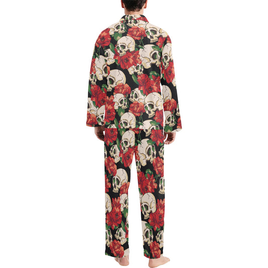 Skull Red Rose Men's Long Pajama Set