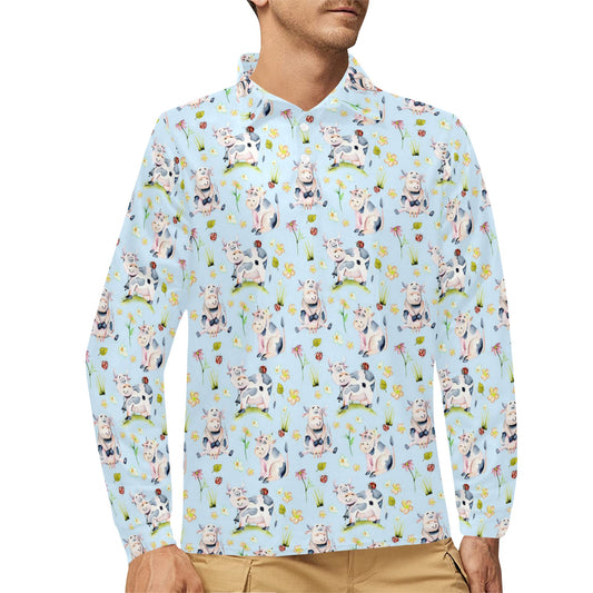 Cow Happy Pattern Print Design 05 Long Sleeve Polo Shirt For Men's