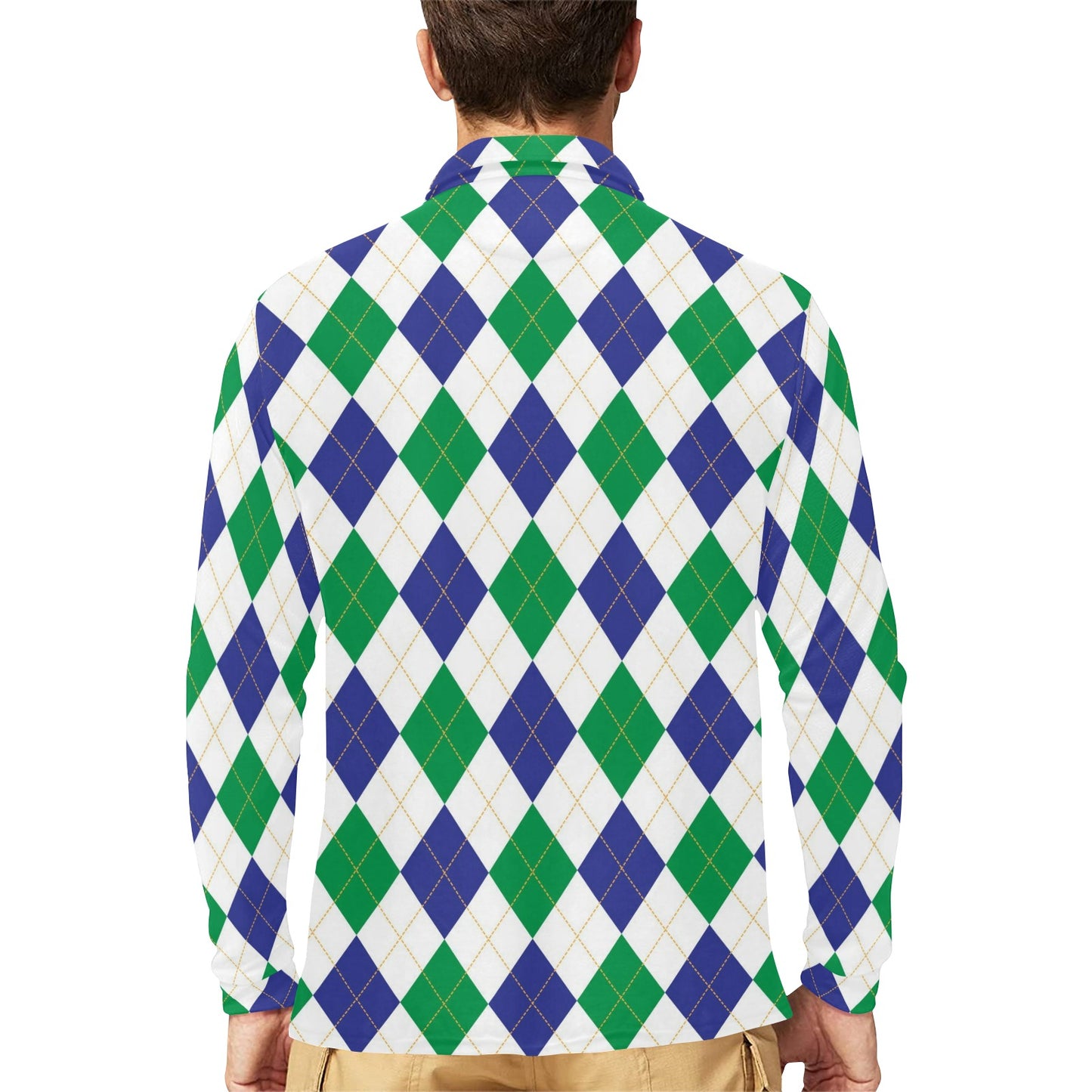 Argyle Green Blue Pattern Print Design 03 Long Sleeve Polo Shirt For Men's