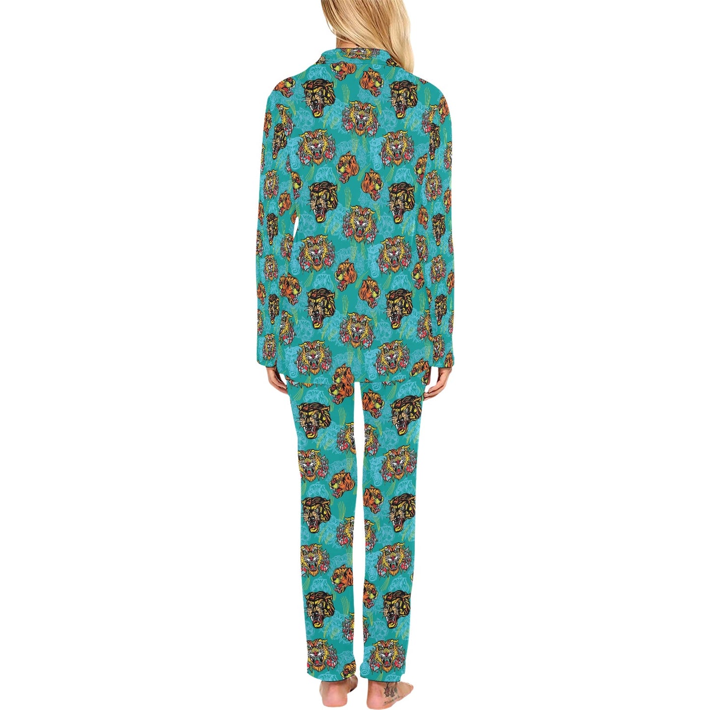 Tattoo Tiger Head Print Design LKS304 Women's Long Pajama Set