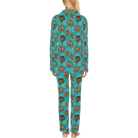 Tattoo Tiger Head Print Design LKS304 Women's Long Pajama Set