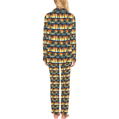Palm Tree Sunset Design Print Women's Long Pajama Set