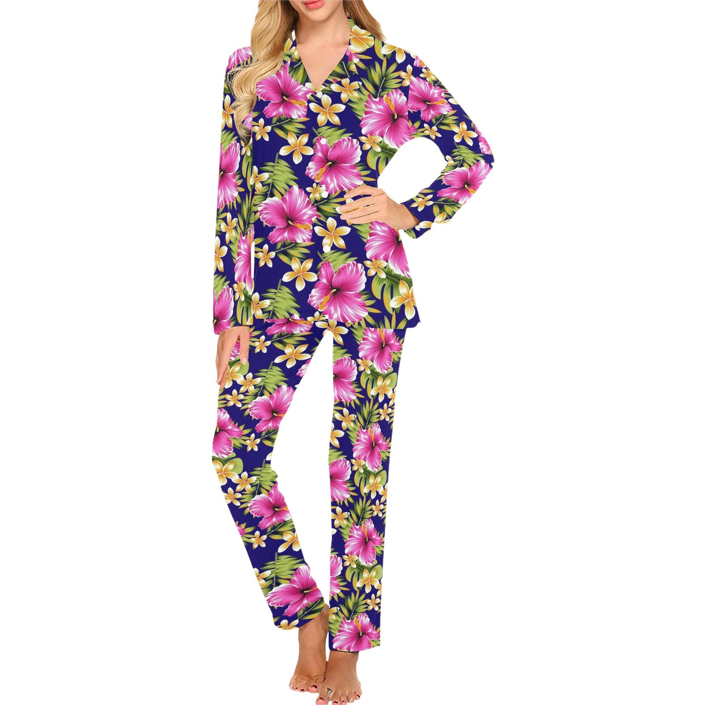 Pink Hibiscus Pattern Print Design HB027 Women's Long Pajama Set