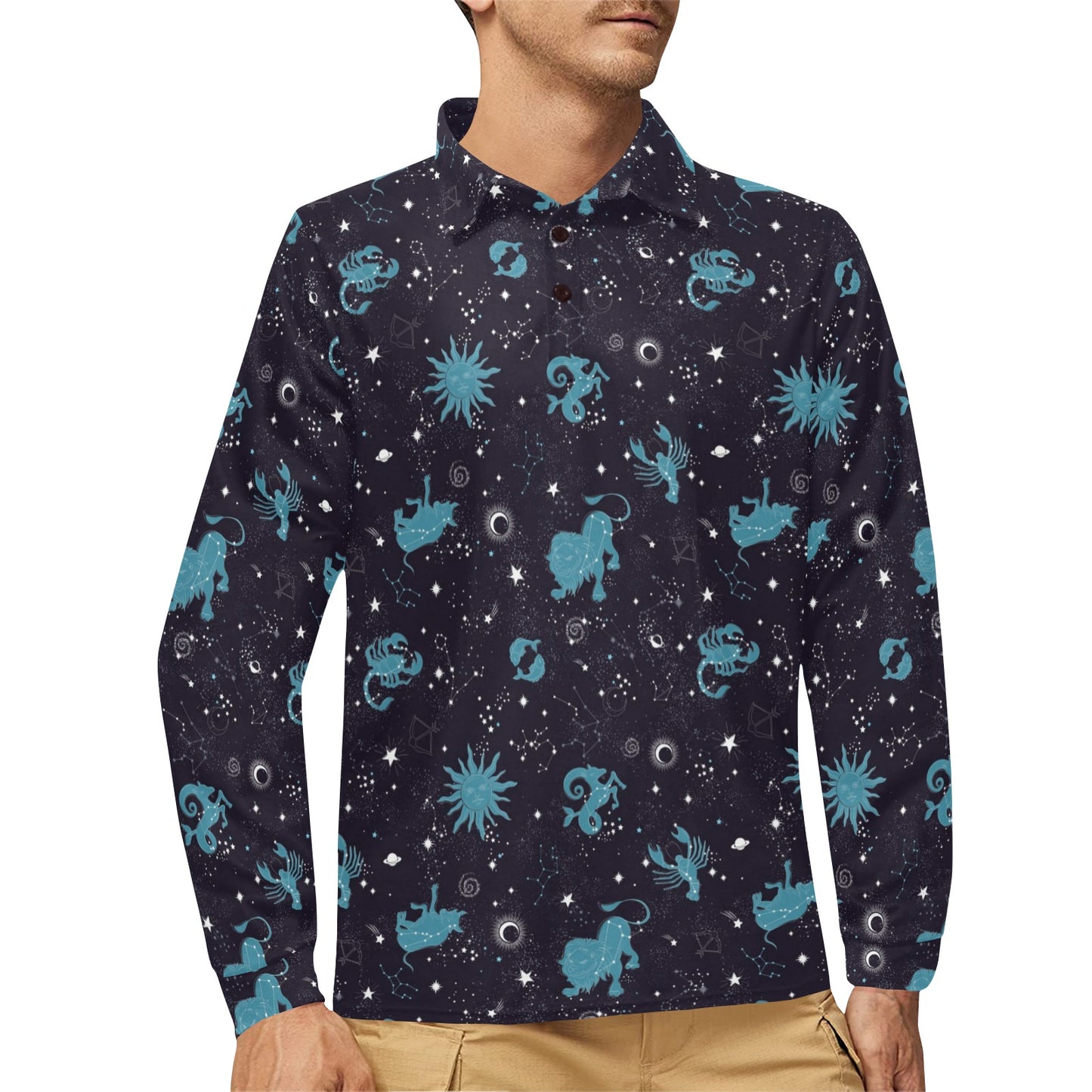 Zodiac Print Design LKS303 Long Sleeve Polo Shirt For Men's