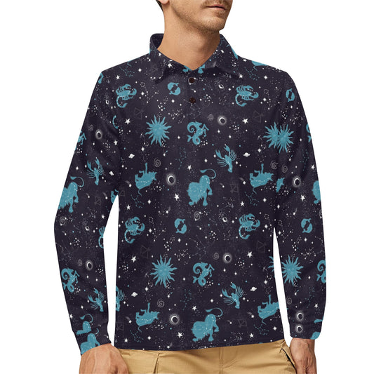 Zodiac Print Design LKS303 Long Sleeve Polo Shirt For Men's