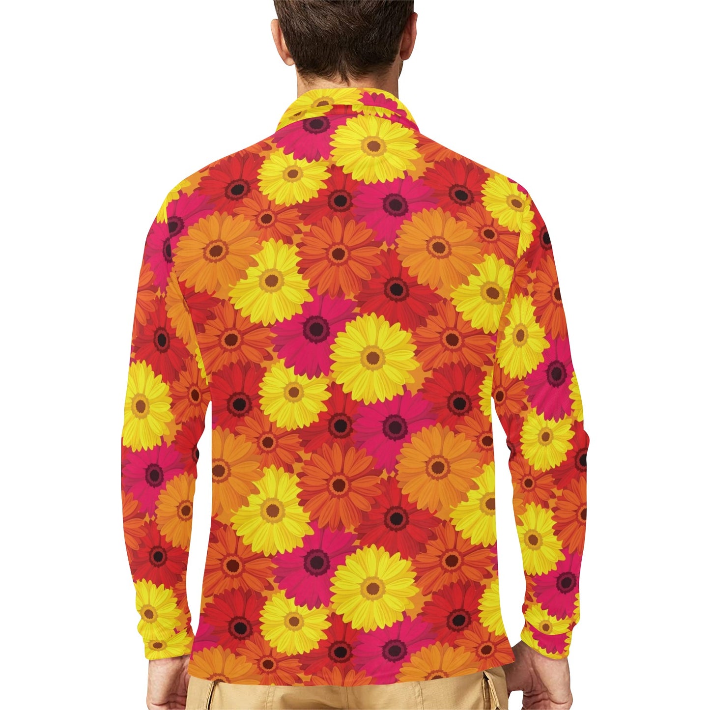 Gerberas Pattern Print Design GB05 Long Sleeve Polo Shirt For Men's
