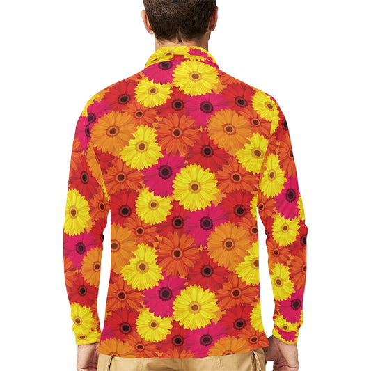Gerberas Pattern Print Design GB05 Long Sleeve Polo Shirt For Men's