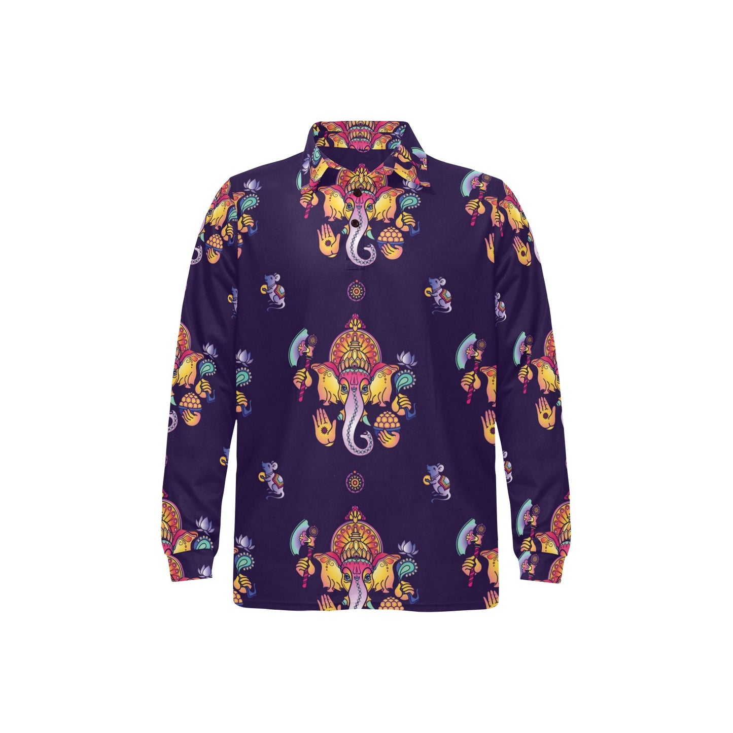 Ganesha Pattern Print Design 04 Long Sleeve Polo Shirt For Men's