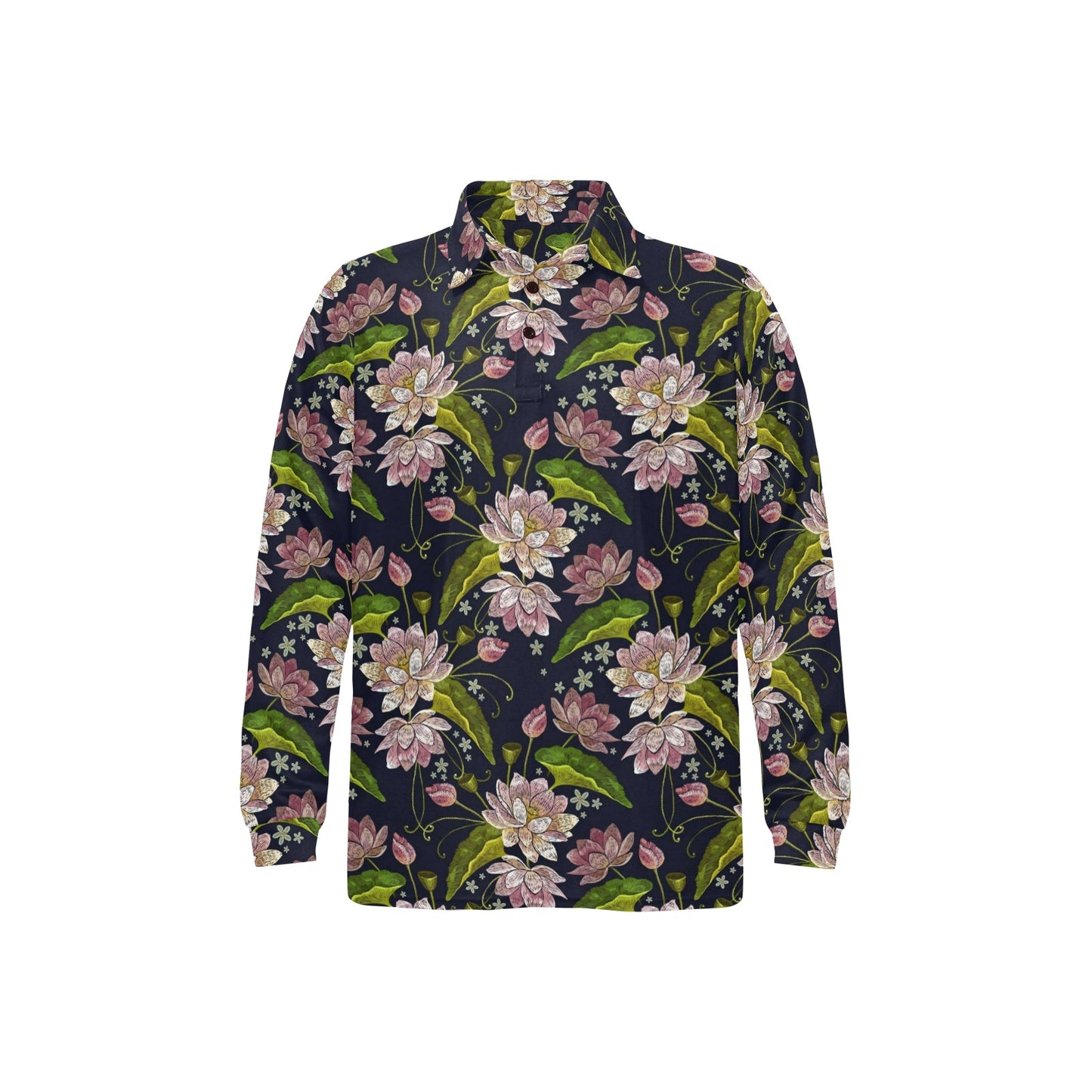 lotus Embroidered Pattern Print Design LO06 Long Sleeve Polo Shirt For Men's