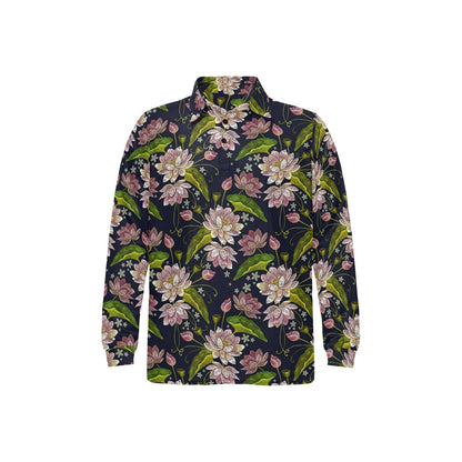 lotus Embroidered Pattern Print Design LO06 Long Sleeve Polo Shirt For Men's