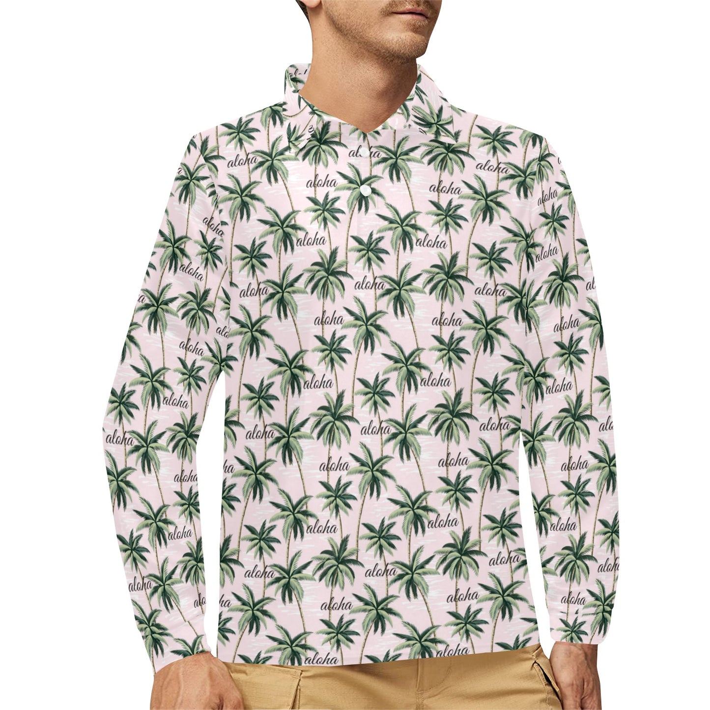 Aloha Beach Pattern Design Themed Print Long Sleeve Polo Shirt For Men's