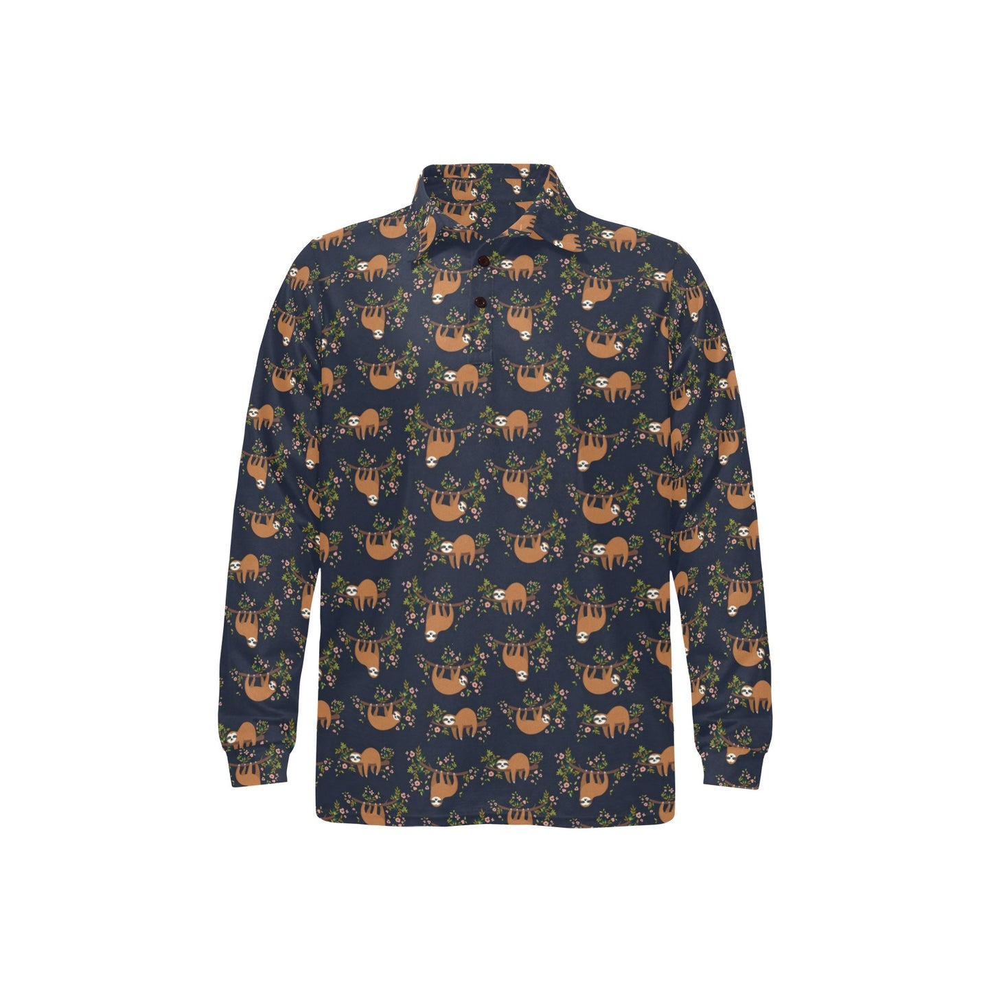 Sloth flower Design Themed Print Long Sleeve Polo Shirt For Men's