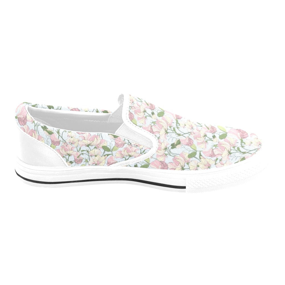 Sweet Pea Print Design LKS304 White Slip Ons Canvas Women's Shoes