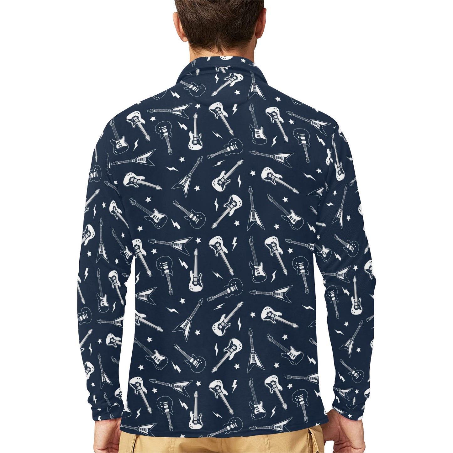 Electric Guitar Print Design LKS402 Long Sleeve Polo Shirt For Men's