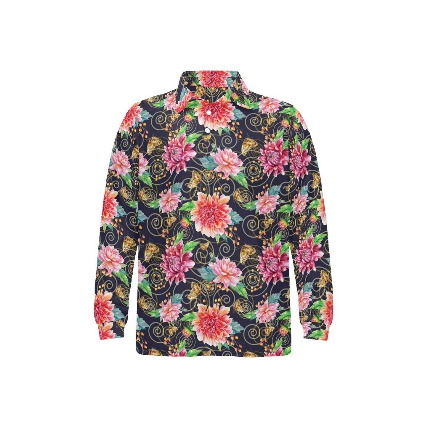 Dahlia Pattern Print Design DH02 Long Sleeve Polo Shirt For Men's