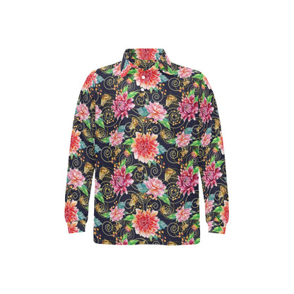 Dahlia Pattern Print Design DH02 Long Sleeve Polo Shirt For Men's