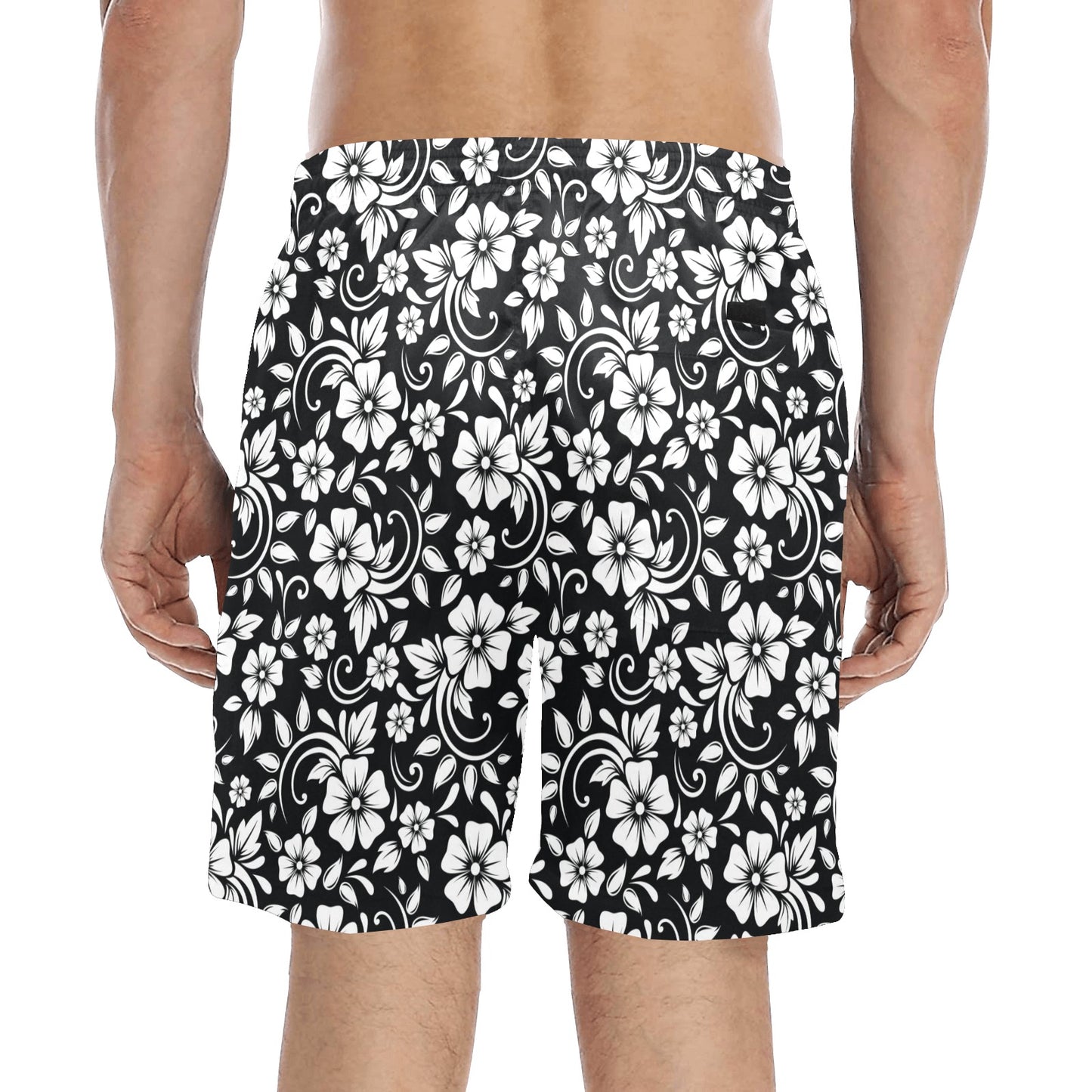 Floral Black White Themed Print Men's Swim Trunks Beach Shorts