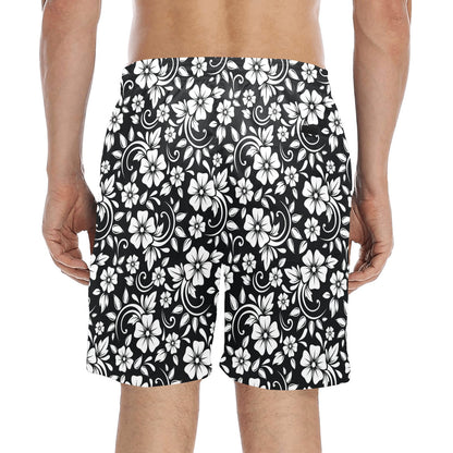 Floral Black White Themed Print Men's Swim Trunks Beach Shorts